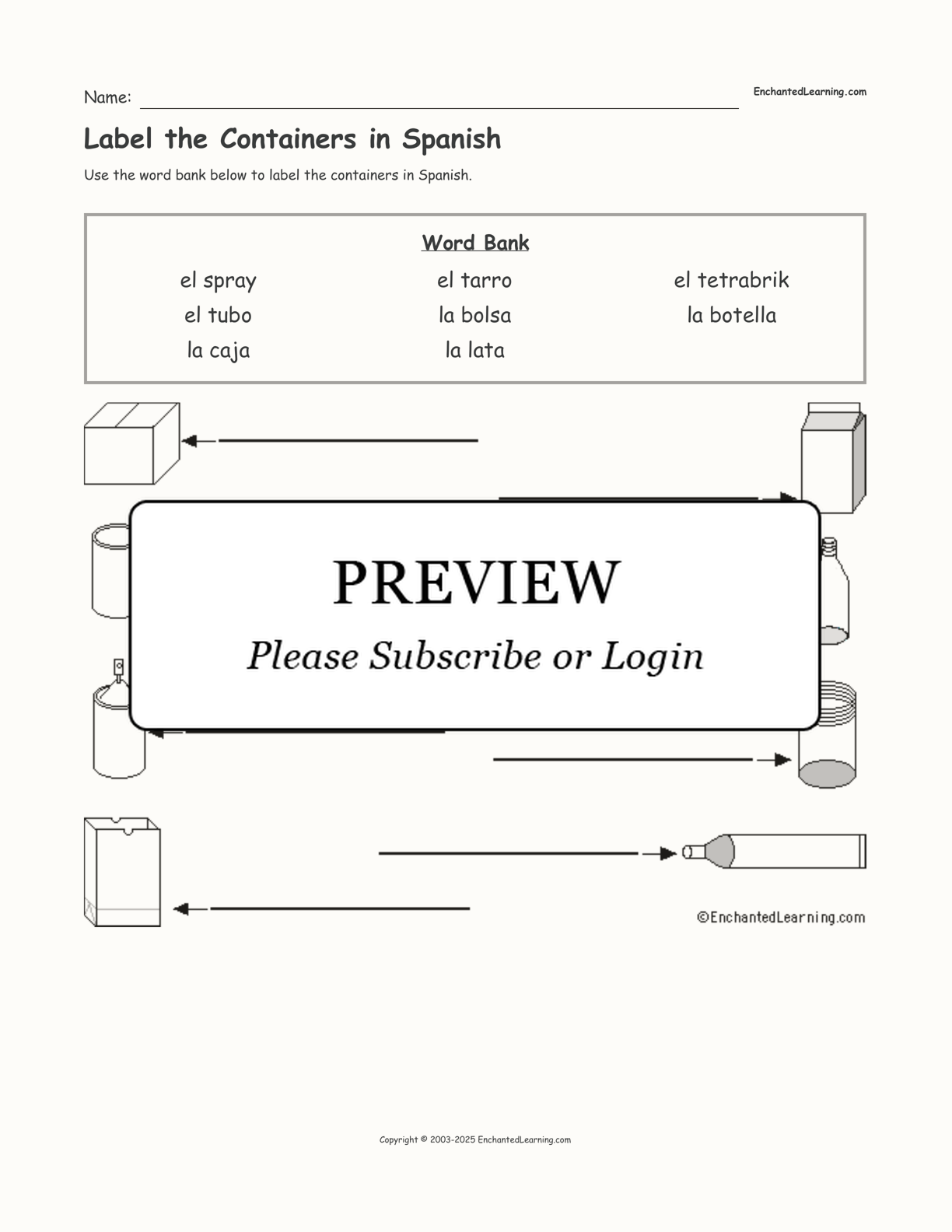 Label the Containers in Spanish interactive worksheet page 1