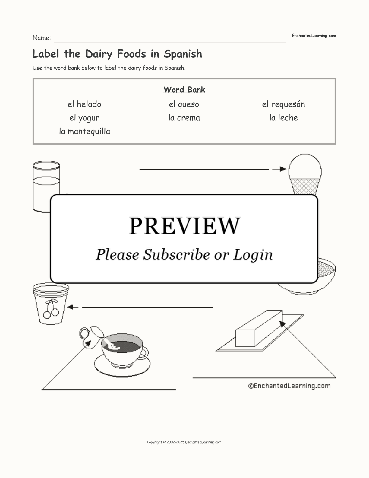 Label the Dairy Foods in Spanish interactive worksheet page 1