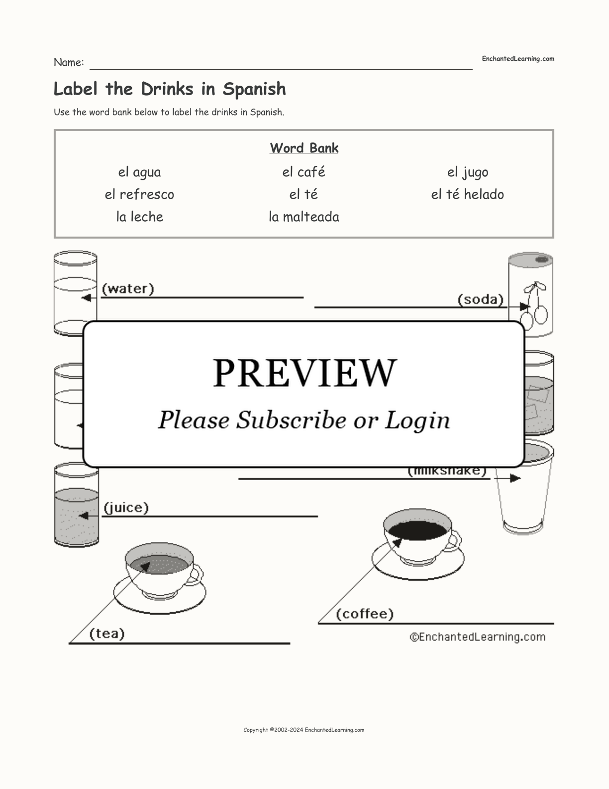 Label the Drinks in Spanish interactive worksheet page 1
