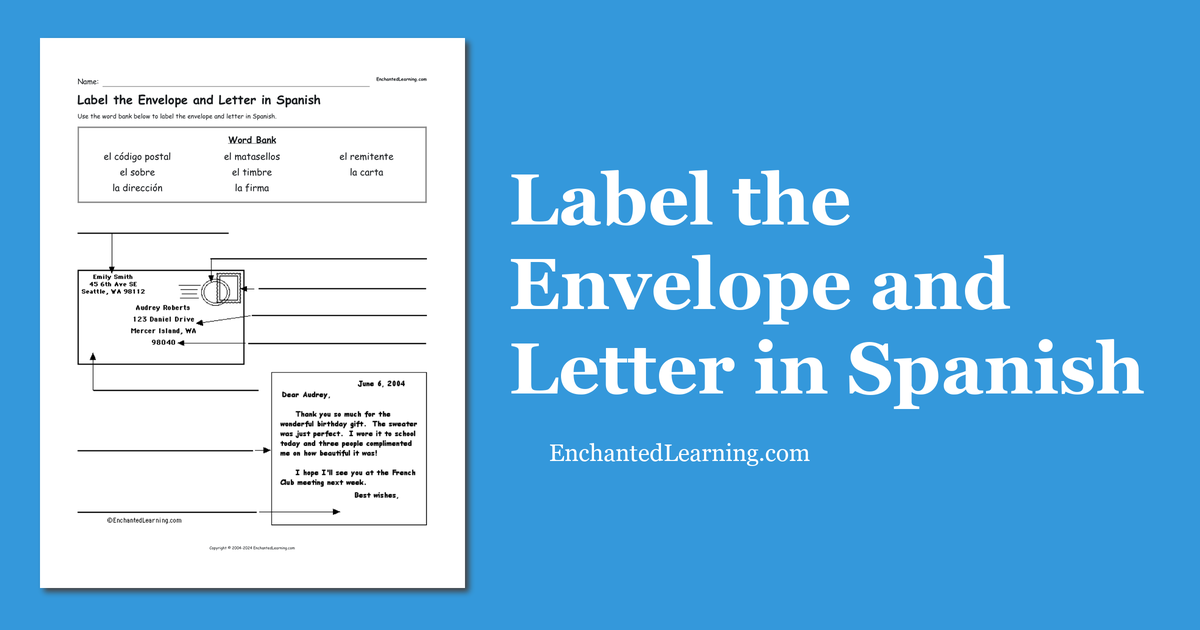 Label the Envelope and Letter in Spanish Enchanted Learning