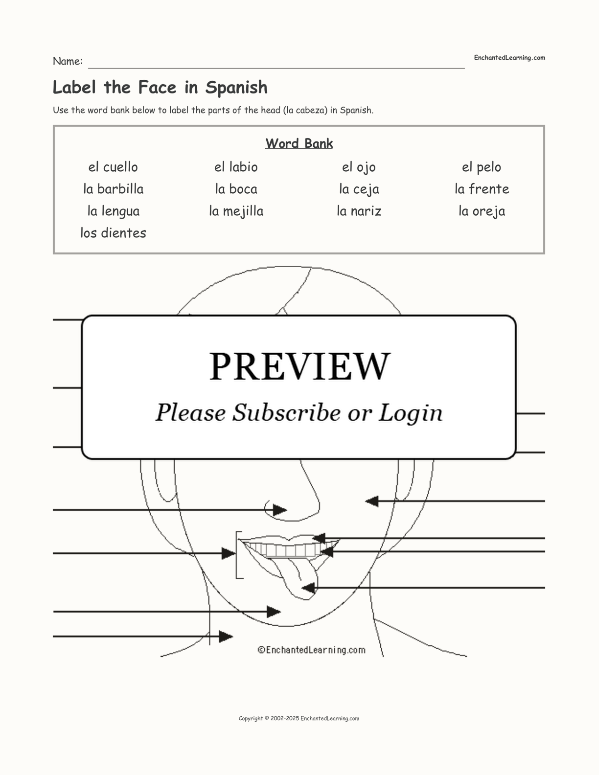 Label the Face in Spanish Enchanted Learning