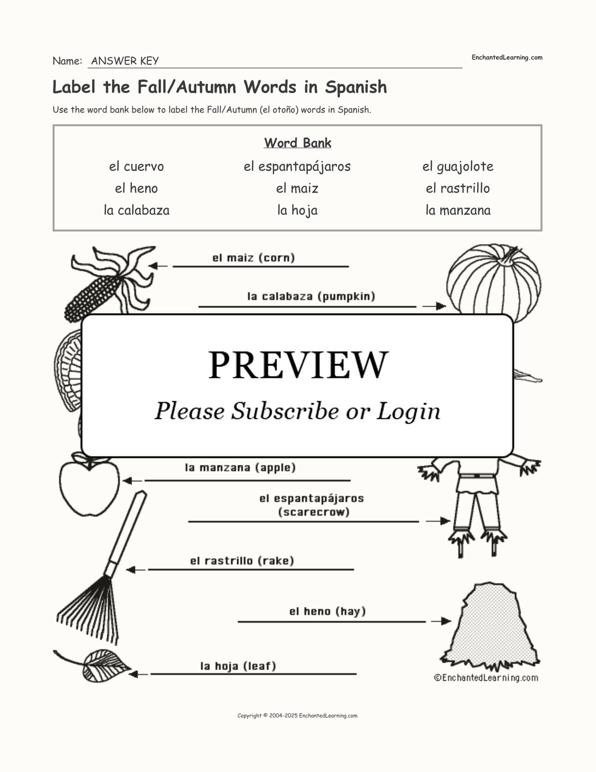 Label the Fall/Autumn Words in Spanish - Enchanted Learning