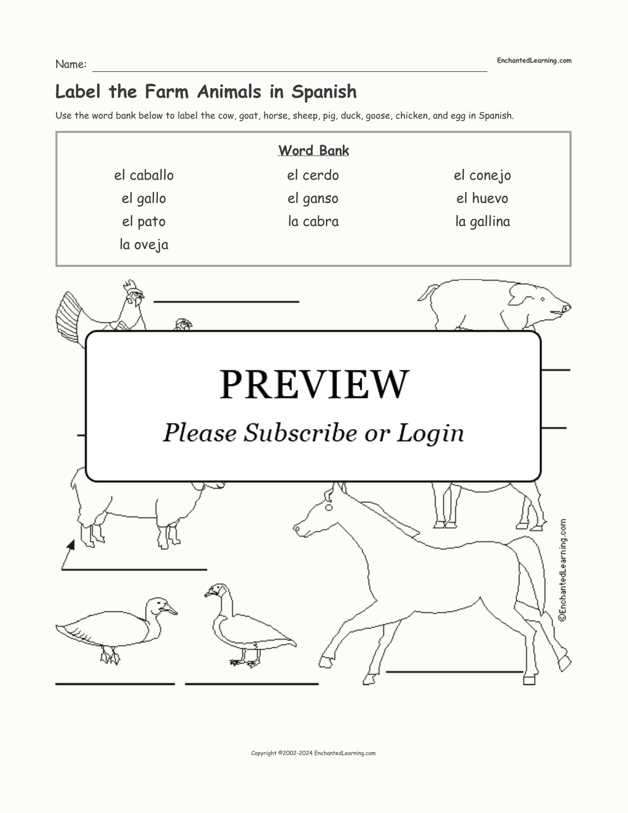 Label the Farm Animals in Spanish interactive worksheet page 1