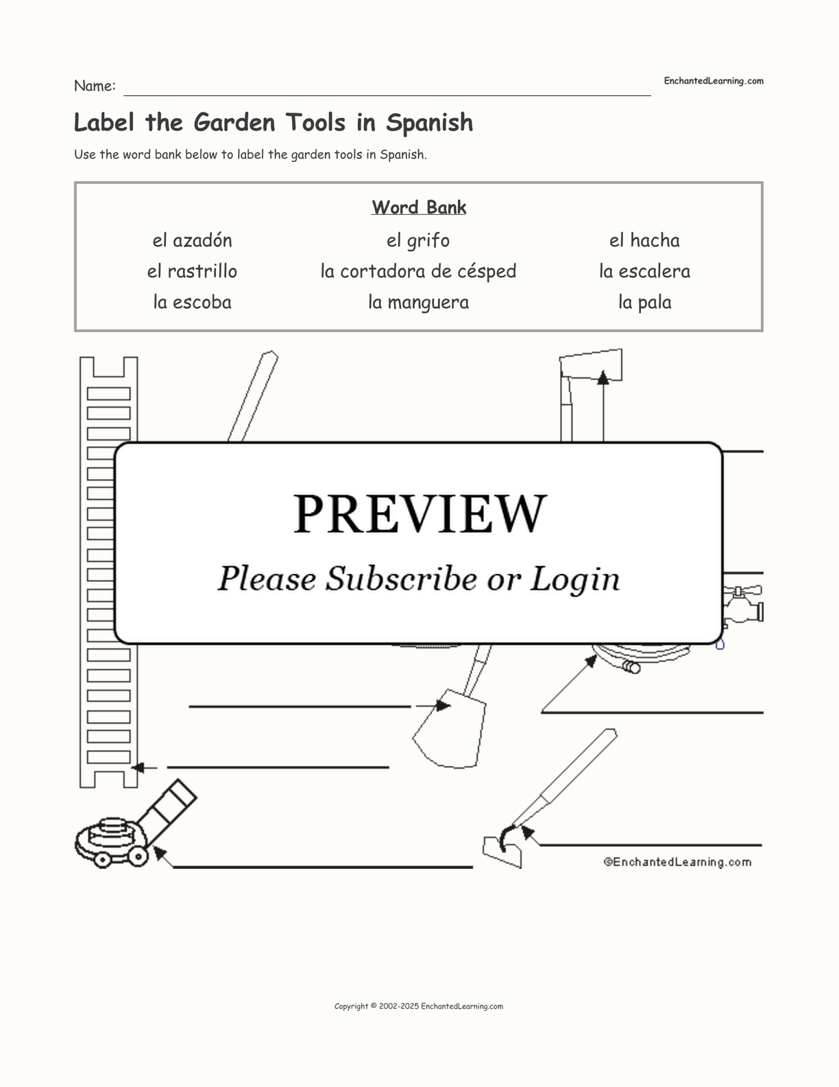 Label the Garden Tools in Spanish interactive worksheet page 1