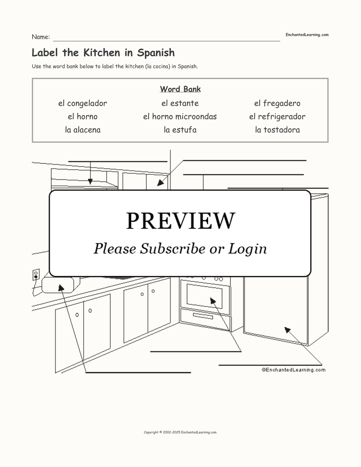 Label the Kitchen in Spanish interactive worksheet page 1