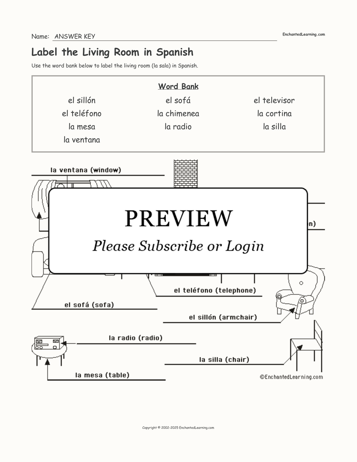 Label the Living Room in Spanish interactive worksheet page 2