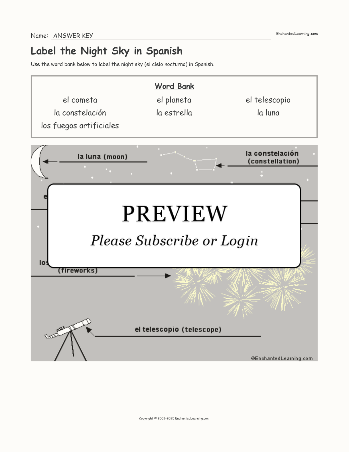 Label the Night Sky in Spanish interactive worksheet page 2