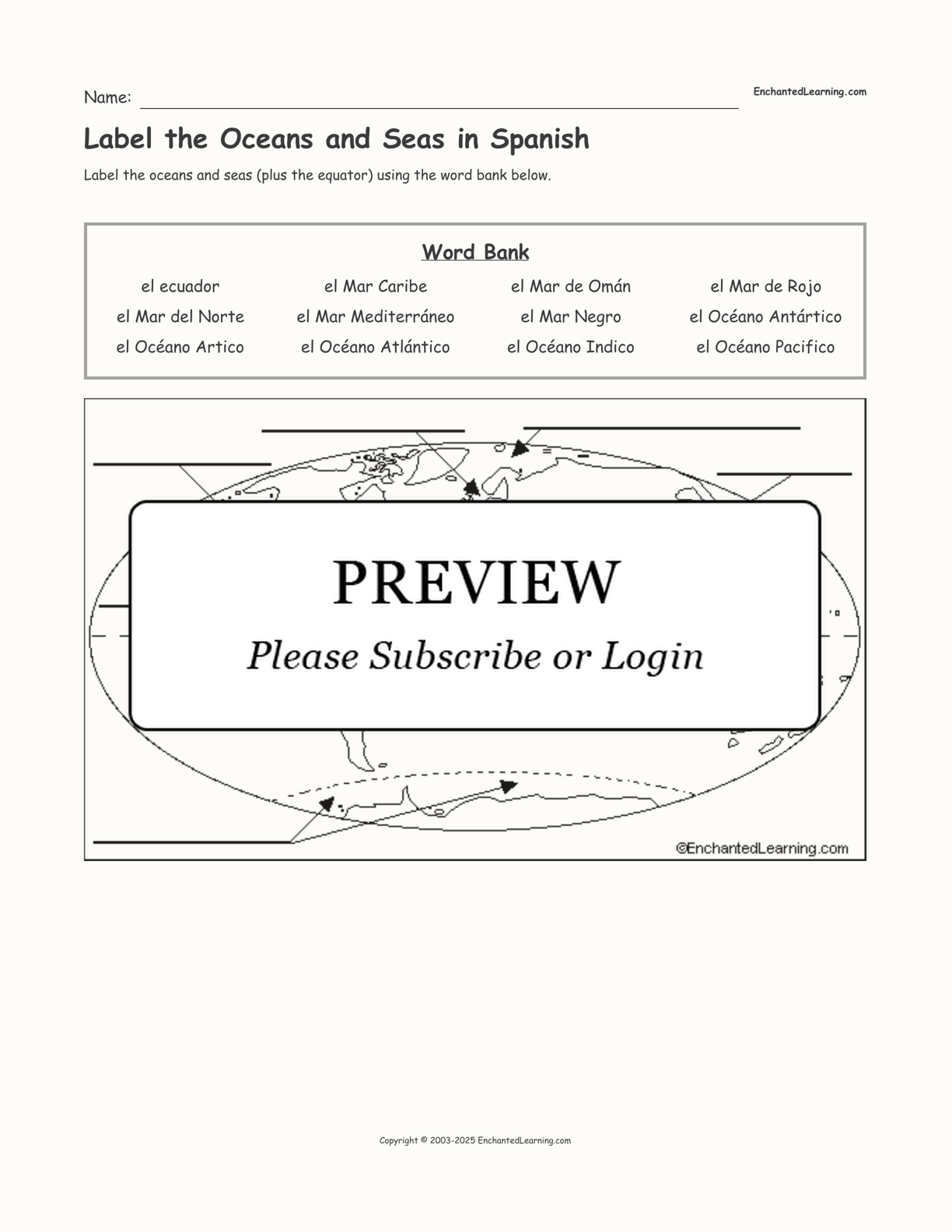 Label the Oceans and Seas in Spanish interactive worksheet page 1