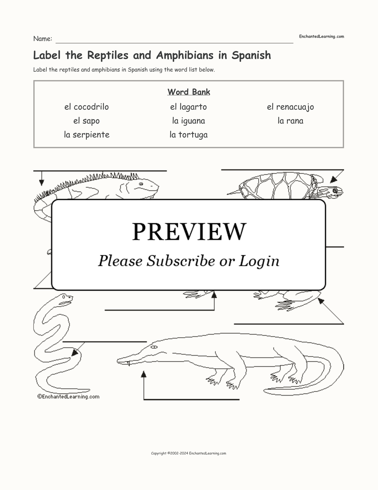 Label the Reptiles and Amphibians in Spanish interactive worksheet page 1