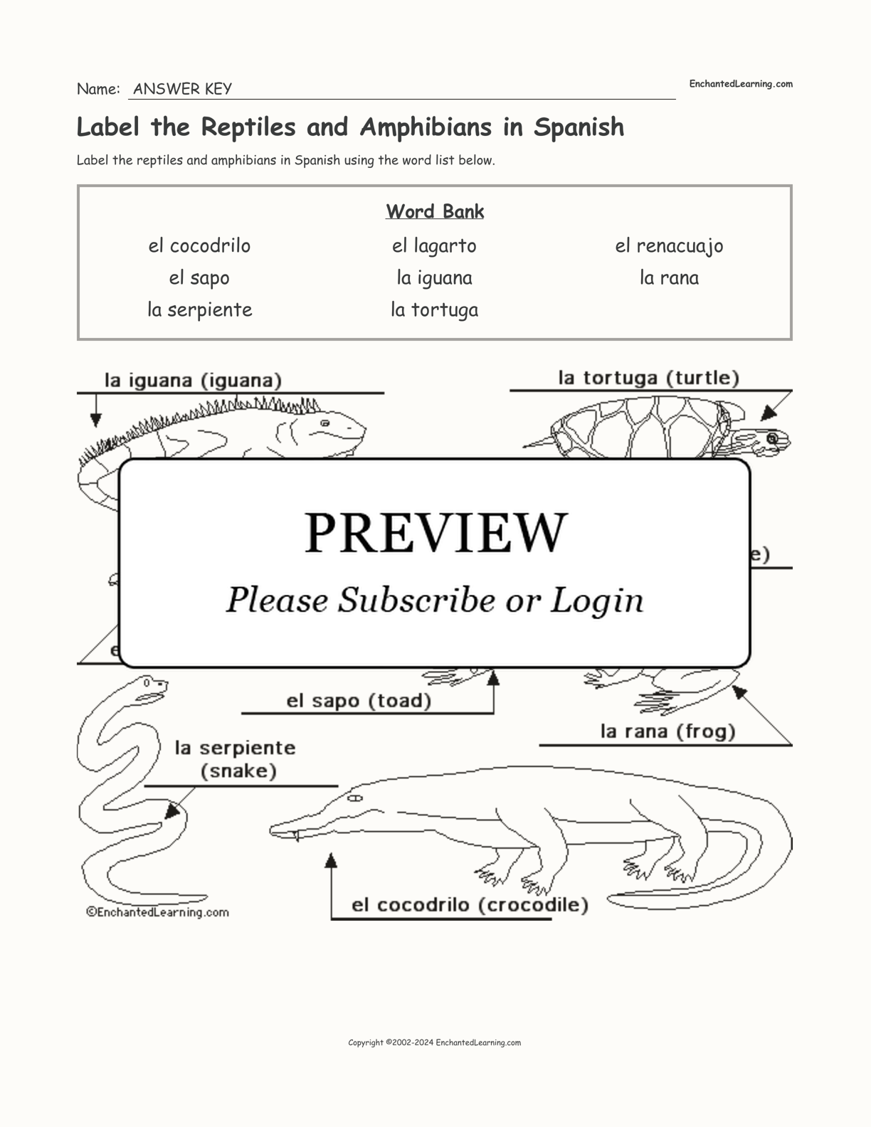 Label the Reptiles and Amphibians in Spanish interactive worksheet page 2