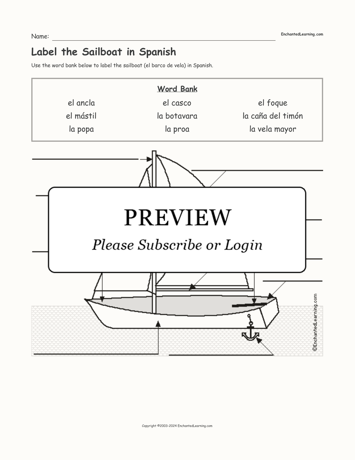 Label the Sailboat in Spanish interactive worksheet page 1