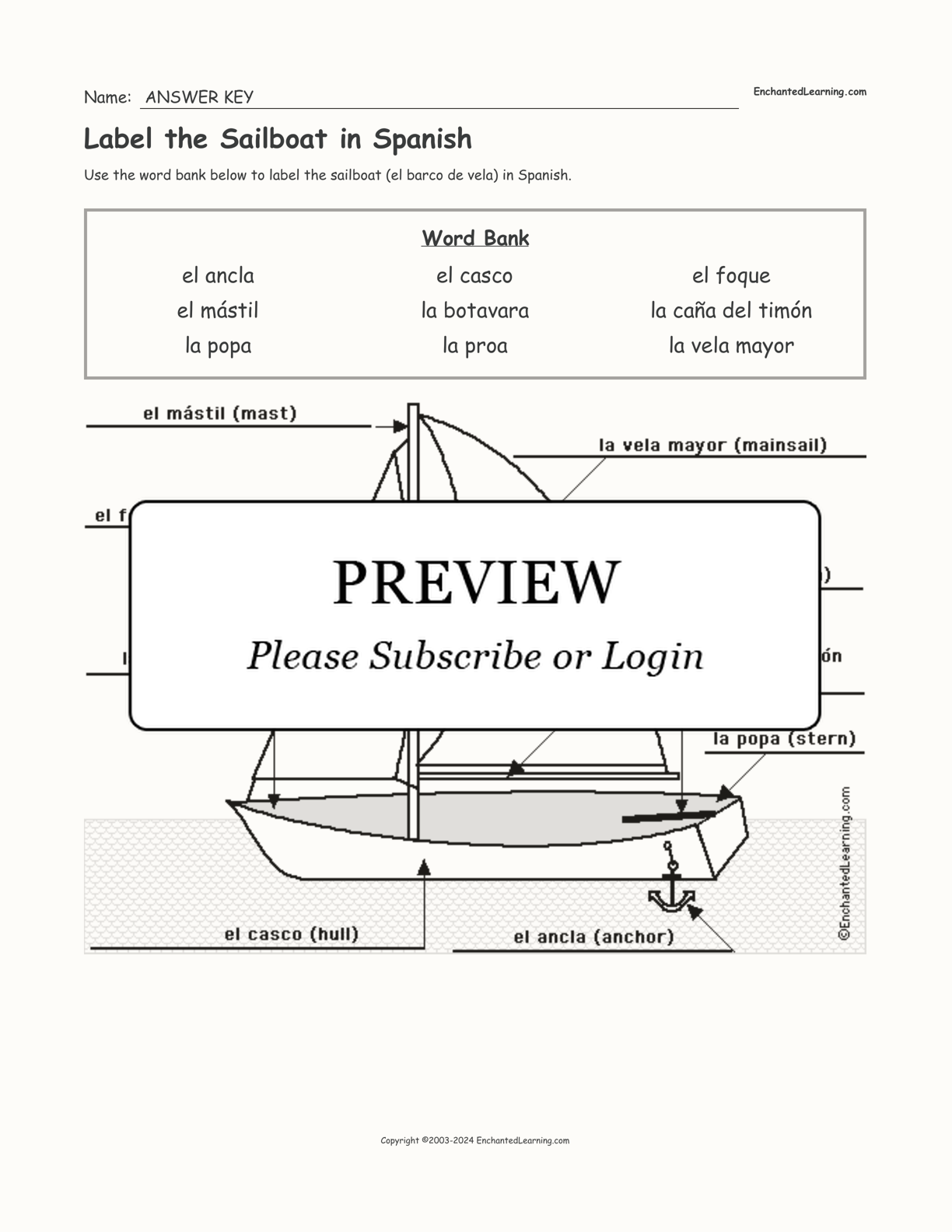 Label the Sailboat in Spanish interactive worksheet page 2