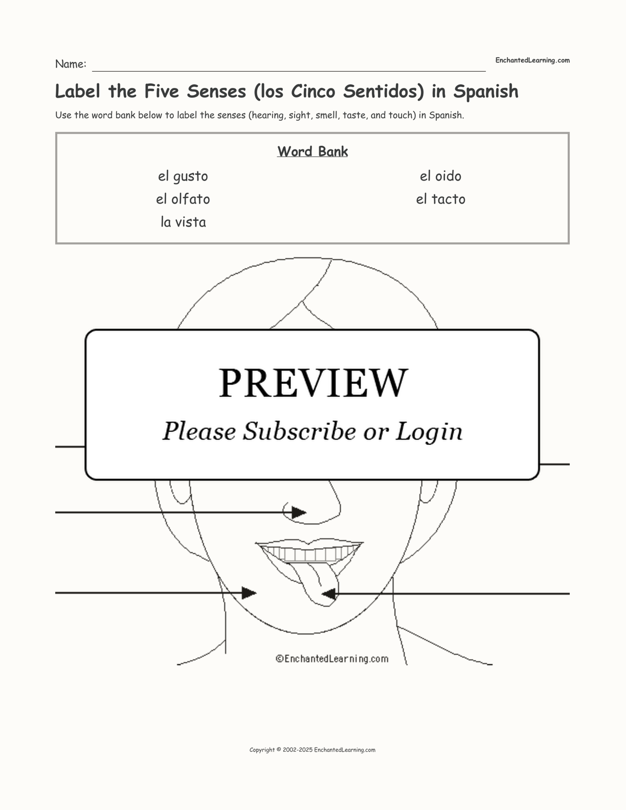 Label the Five Senses (los Cinco Sentidos) in Spanish interactive worksheet page 1