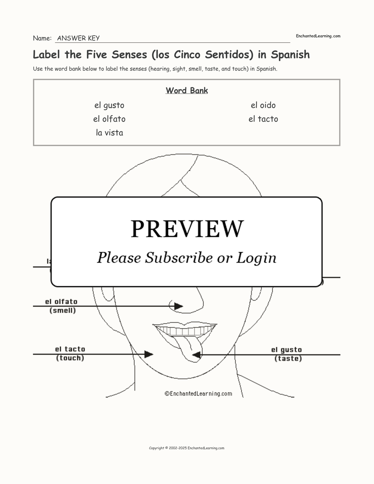 Label the Five Senses (los Cinco Sentidos) in Spanish interactive worksheet page 2