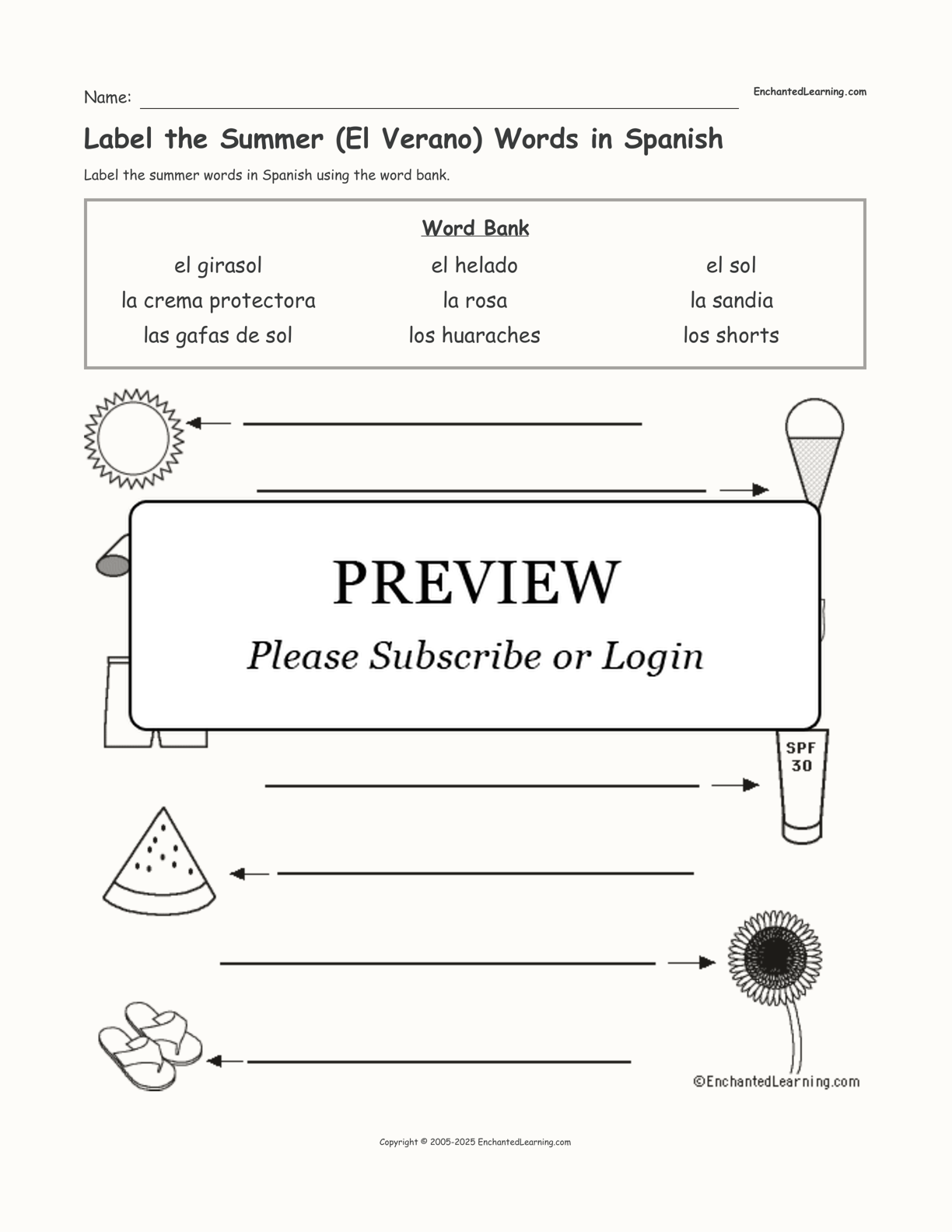 Label the Summer (El Verano) Words in Spanish - Enchanted Learning