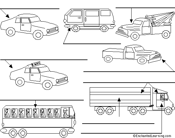 Label the cars and trucks in Spanish