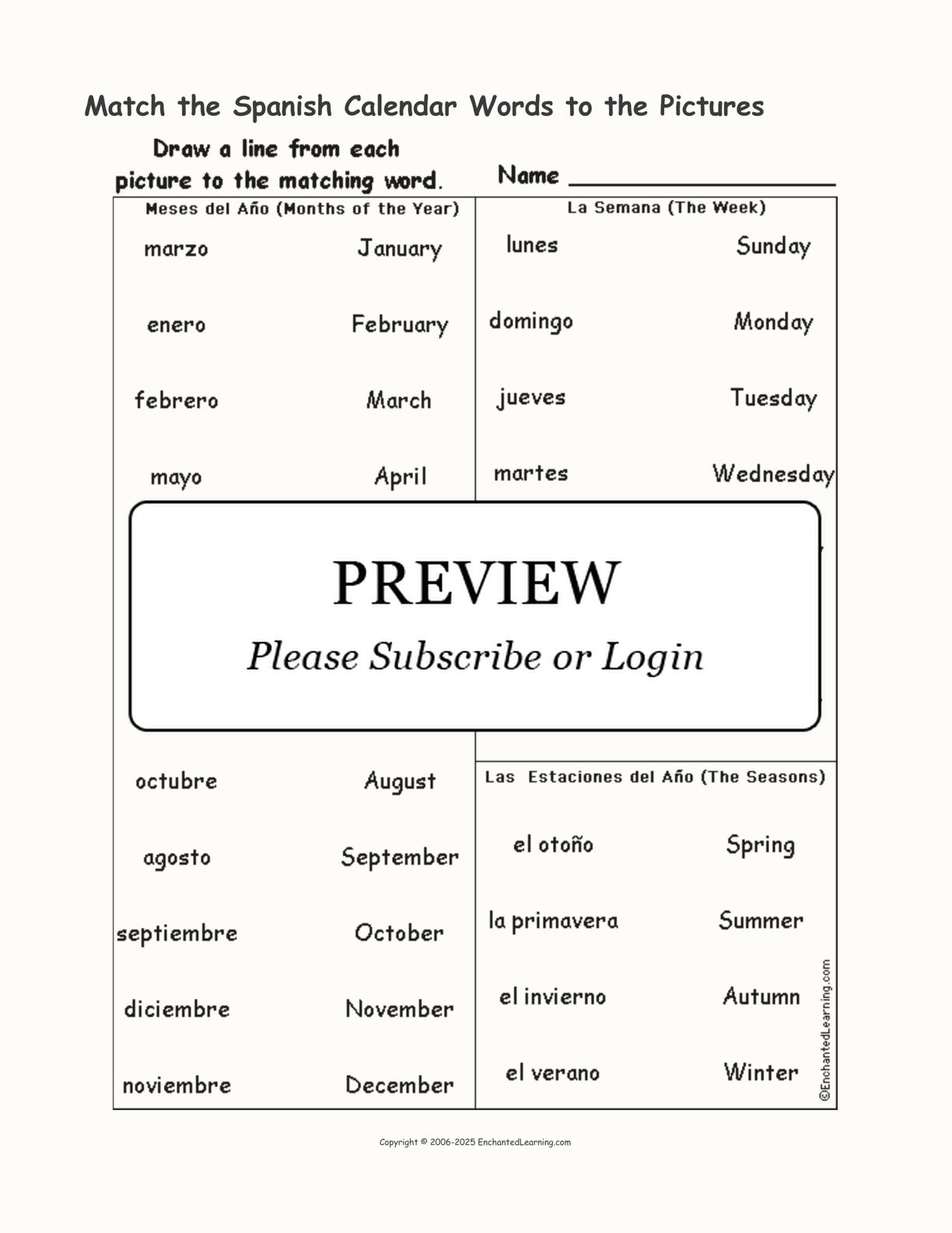 Match the Spanish Calendar Words to the Pictures interactive worksheet page 1