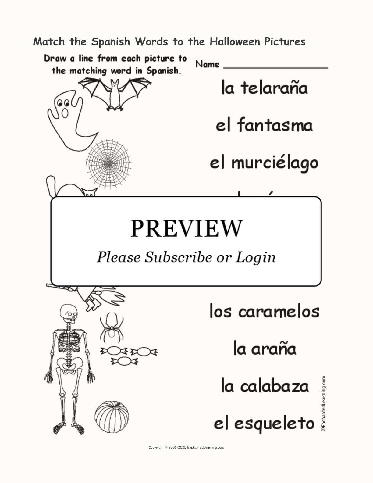 Match the Spanish Words to the Halloween Pictures interactive worksheet page 1