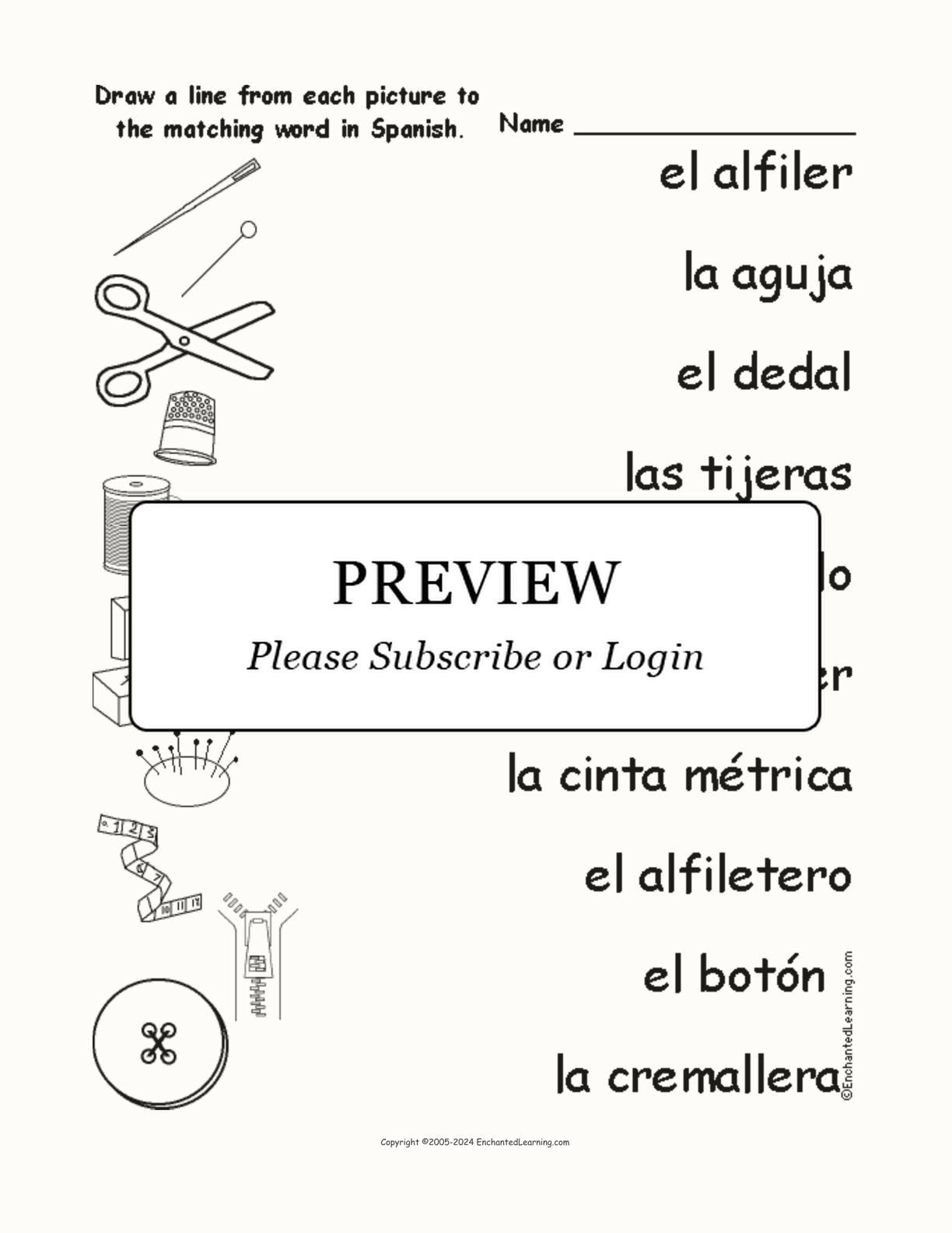 Match the Spanish Sewing Words to the Pictures interactive worksheet page 1