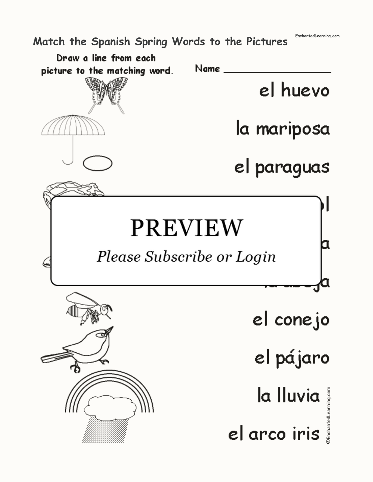 Match the Spanish Spring Words to the Pictures interactive worksheet page 1