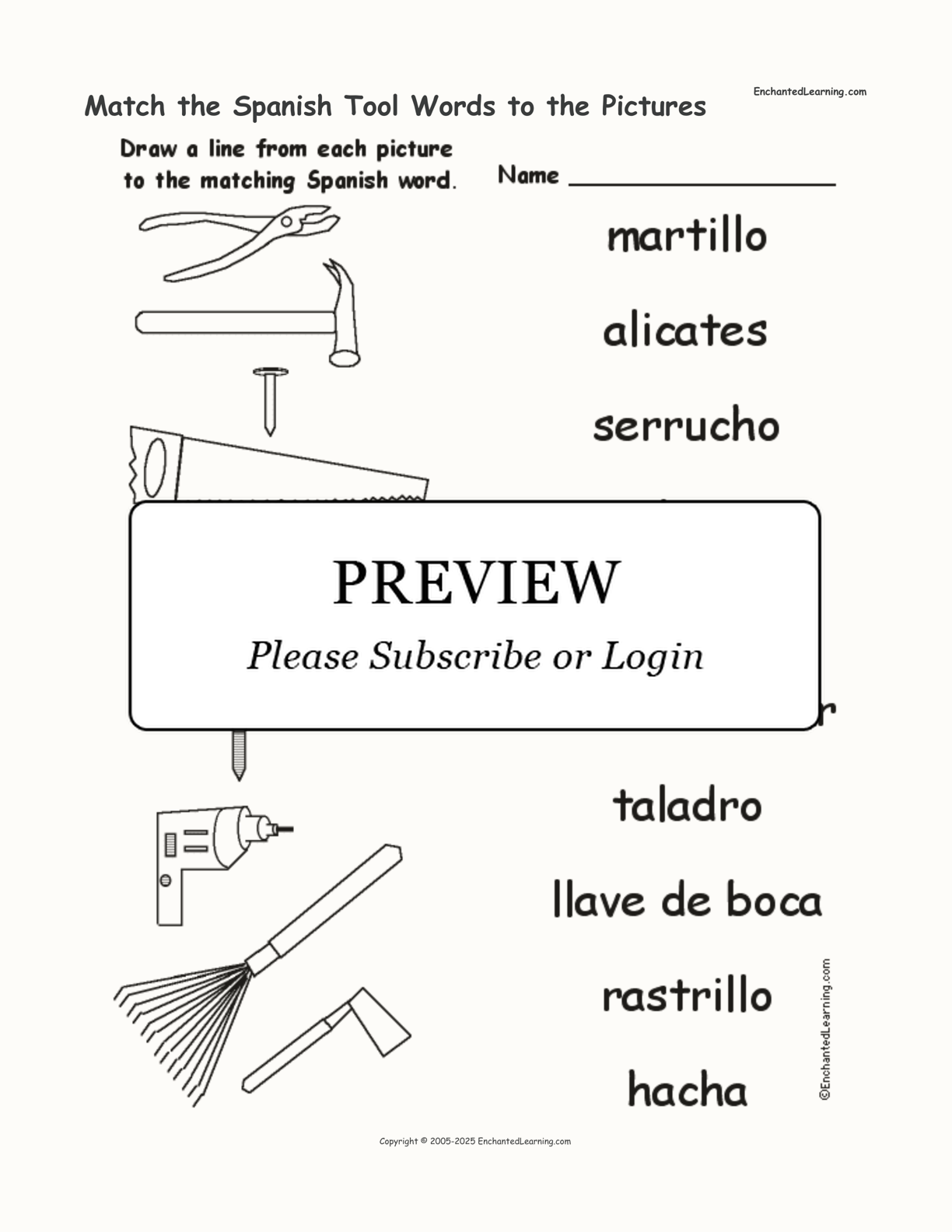 Match the Spanish Tool Words to the Pictures interactive worksheet page 1