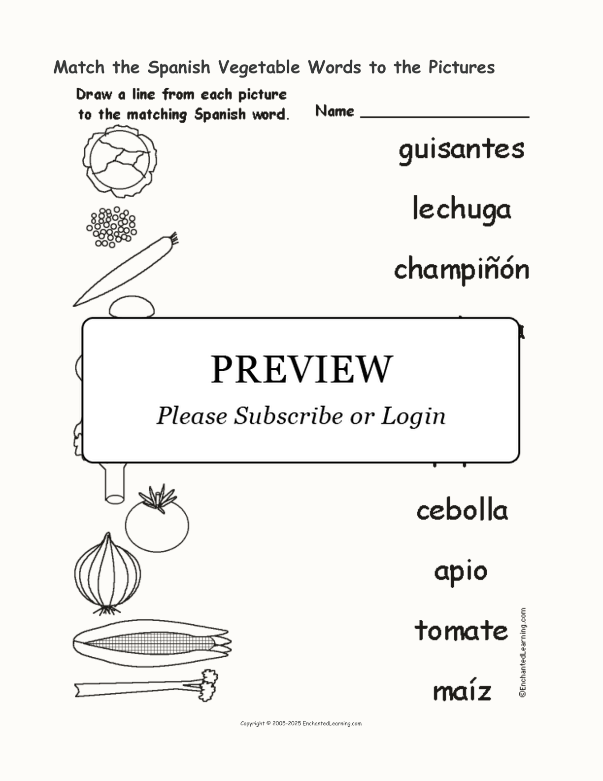 Match the Spanish Vegetable Words to the Pictures interactive worksheet page 1