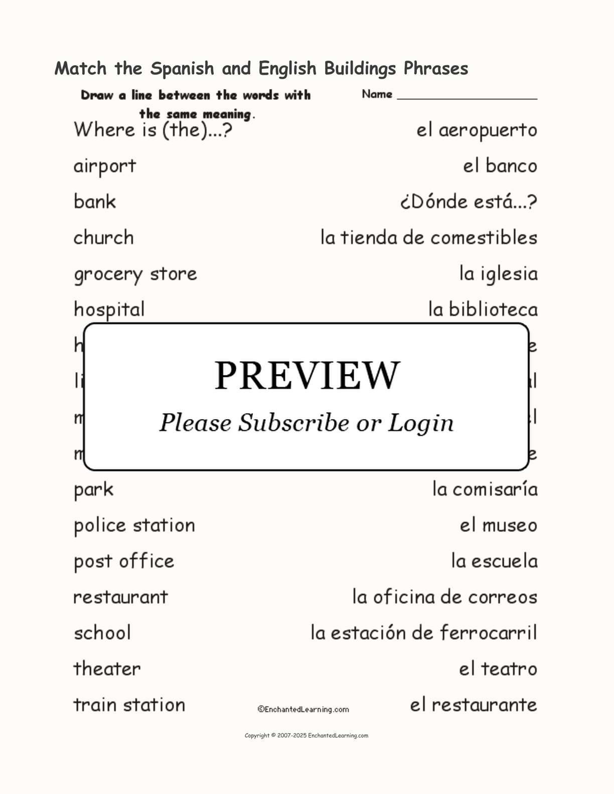 Match the Spanish and English Buildings Phrases interactive worksheet page 1