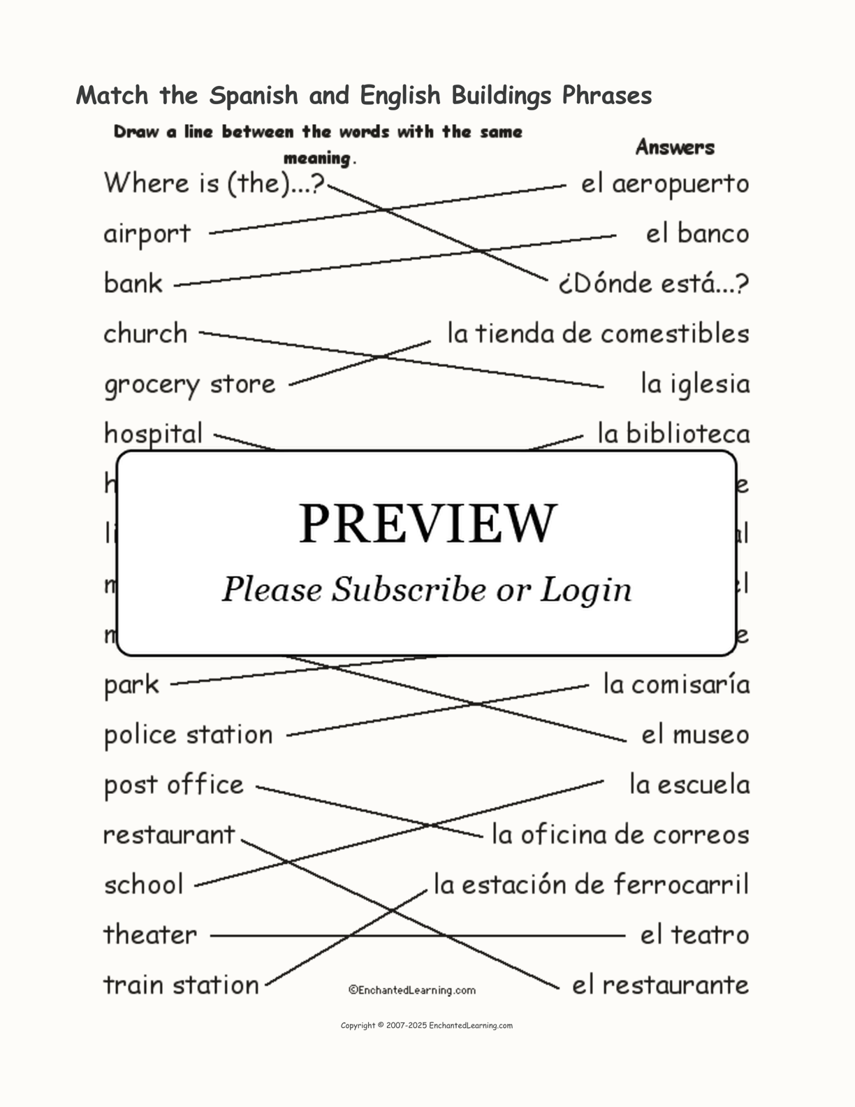 Match the Spanish and English Buildings Phrases interactive worksheet page 2