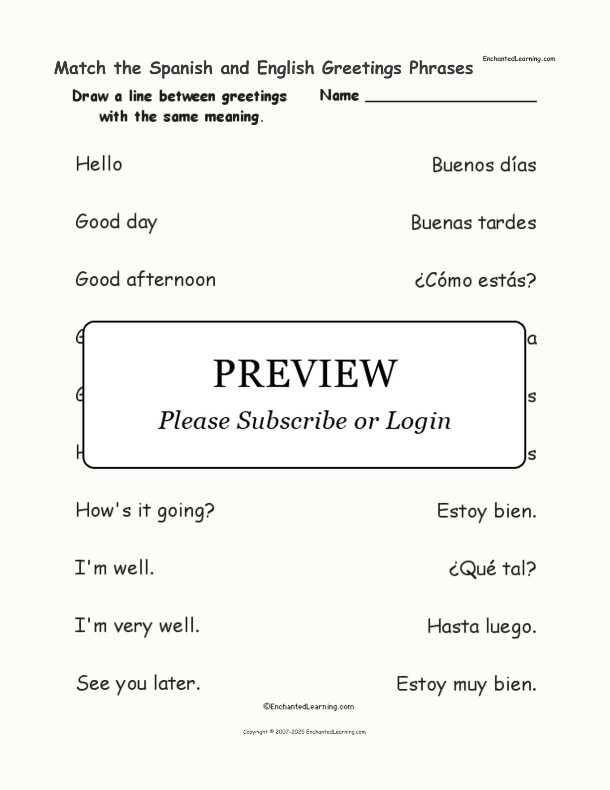 Match the Spanish and English Greetings Phrases interactive worksheet page 1