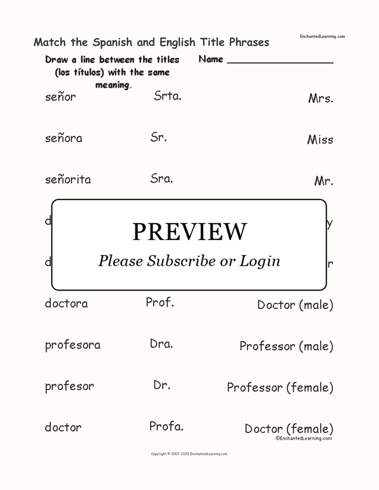 Match the Spanish and English Title Phrases interactive worksheet page 1