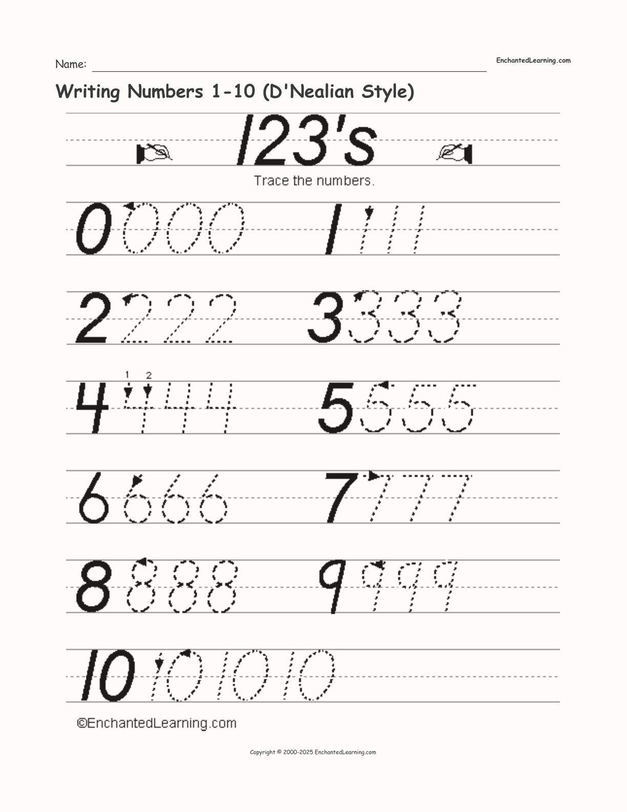 Writing Numbers 1-10 (D'Nealian Style) interactive worksheet page 1