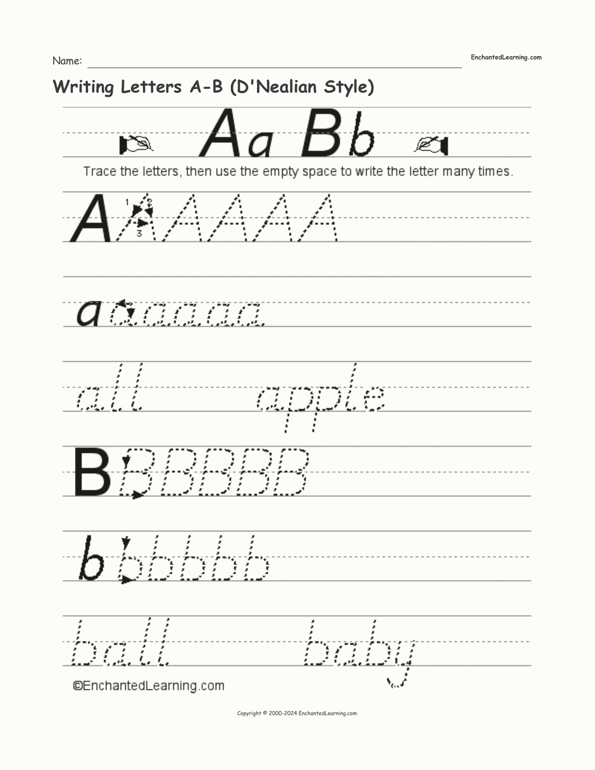 Writing Letters A-B (D'Nealian Style) interactive worksheet page 1