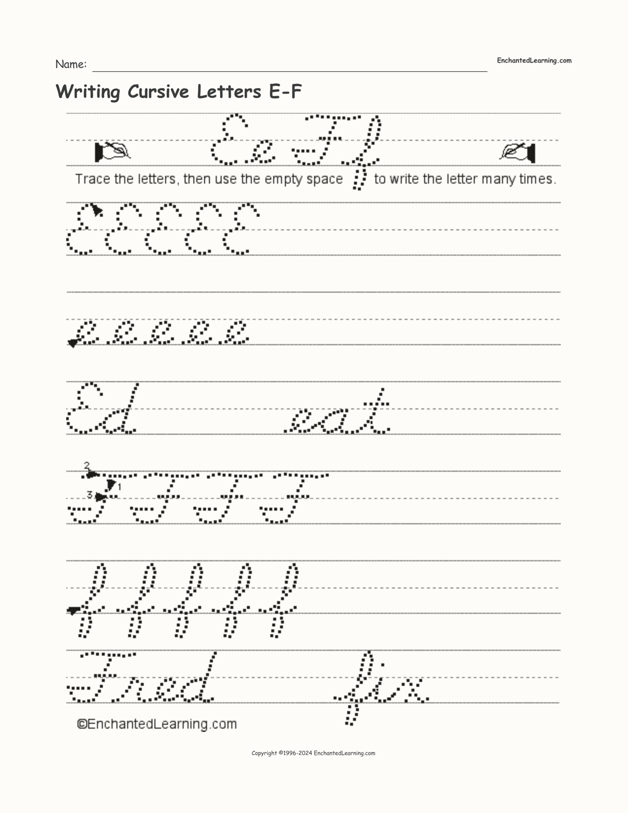 Writing Cursive Letters E-F interactive worksheet page 1
