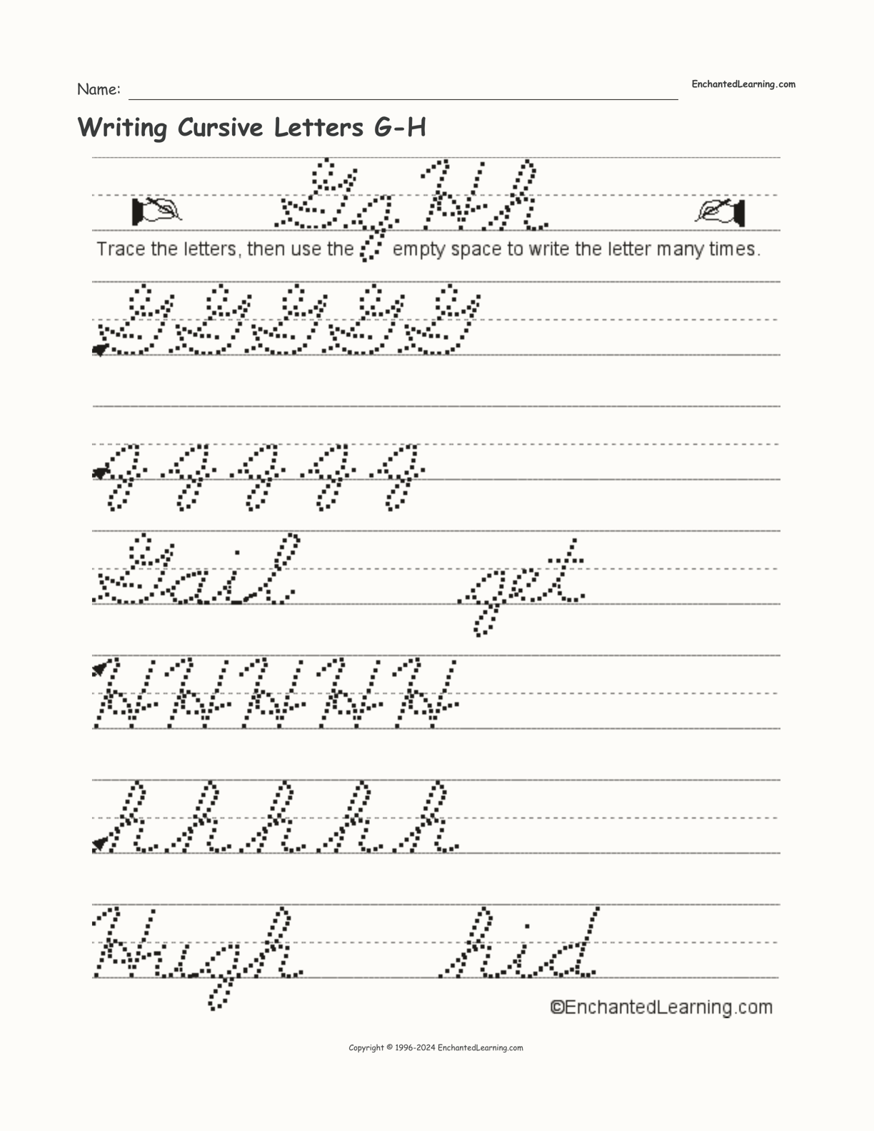 Writing Cursive Letters G-H interactive worksheet page 1