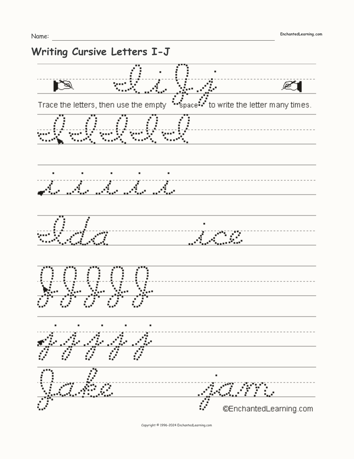 Writing Cursive Letters I-J interactive worksheet page 1