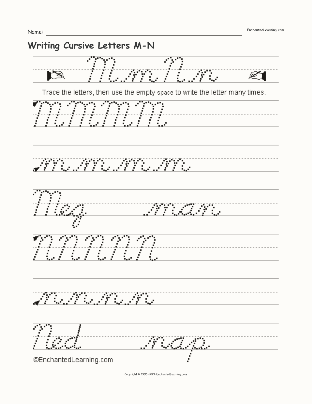 Writing Cursive Letters M-N interactive worksheet page 1