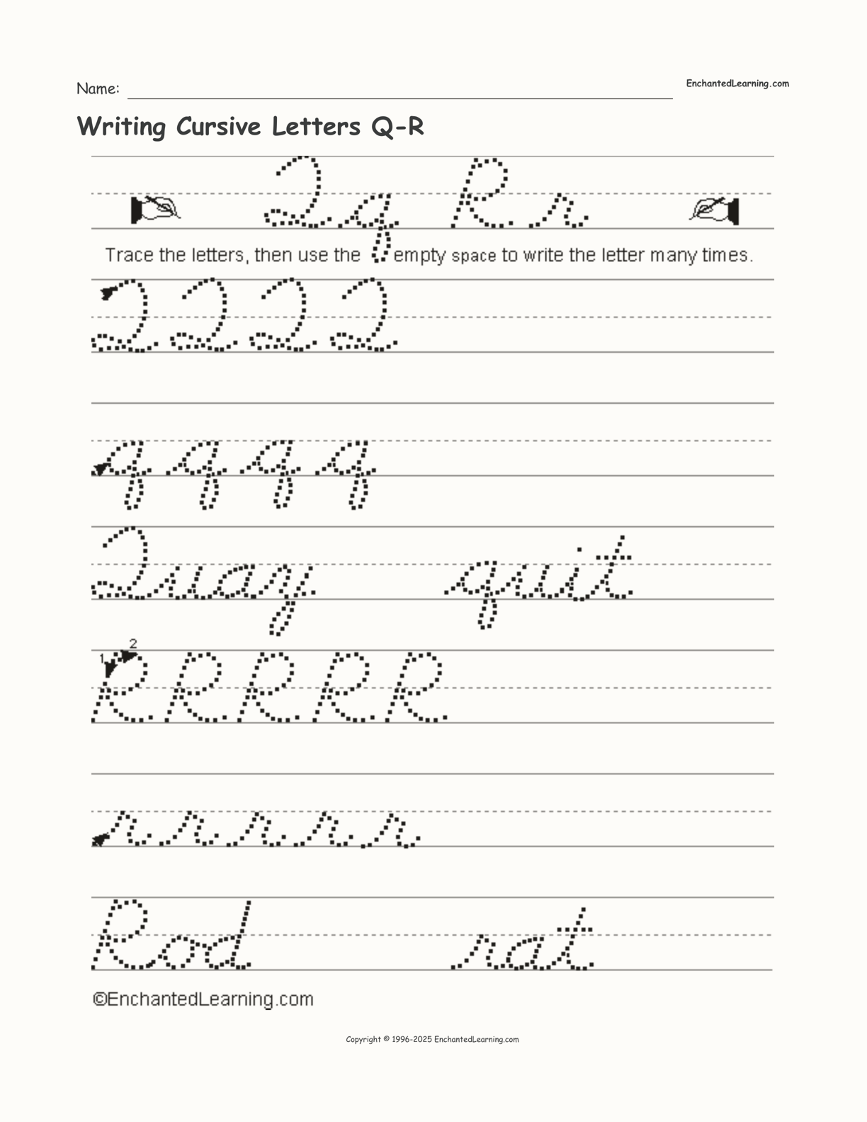 Writing Cursive Letters Q-R interactive worksheet page 1