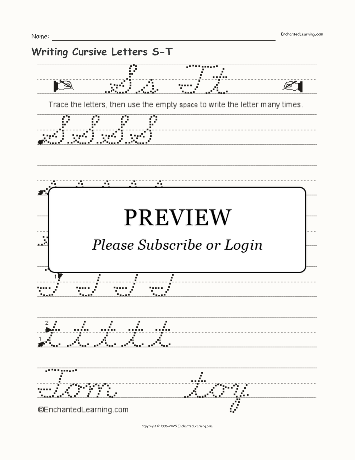 Writing Cursive Letters S-T interactive worksheet page 1