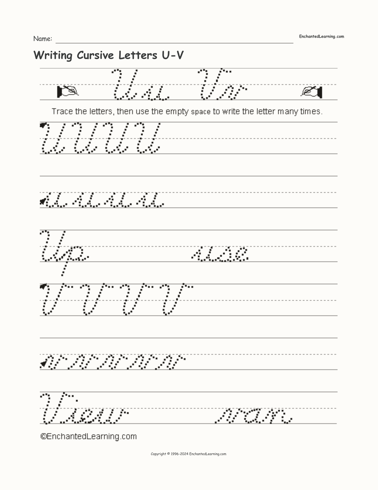 Writing Cursive Letters U-V interactive worksheet page 1