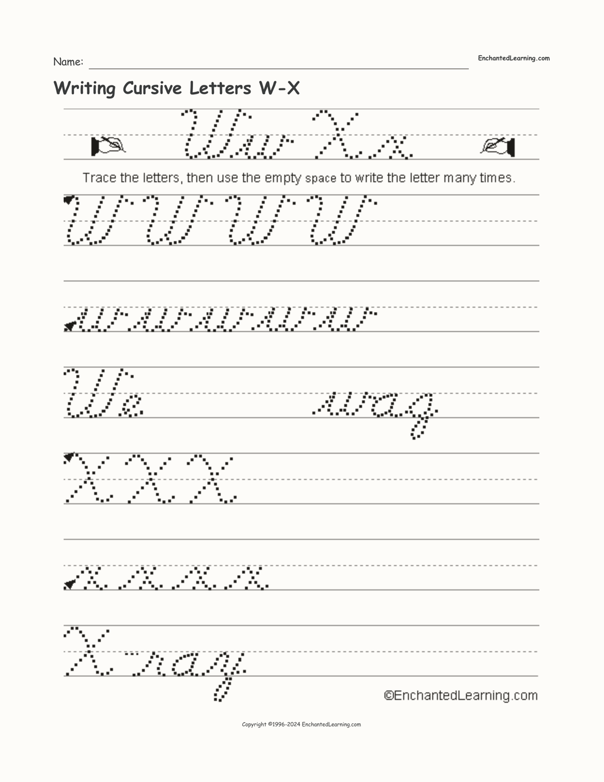 Writing Cursive Letters W-X interactive worksheet page 1