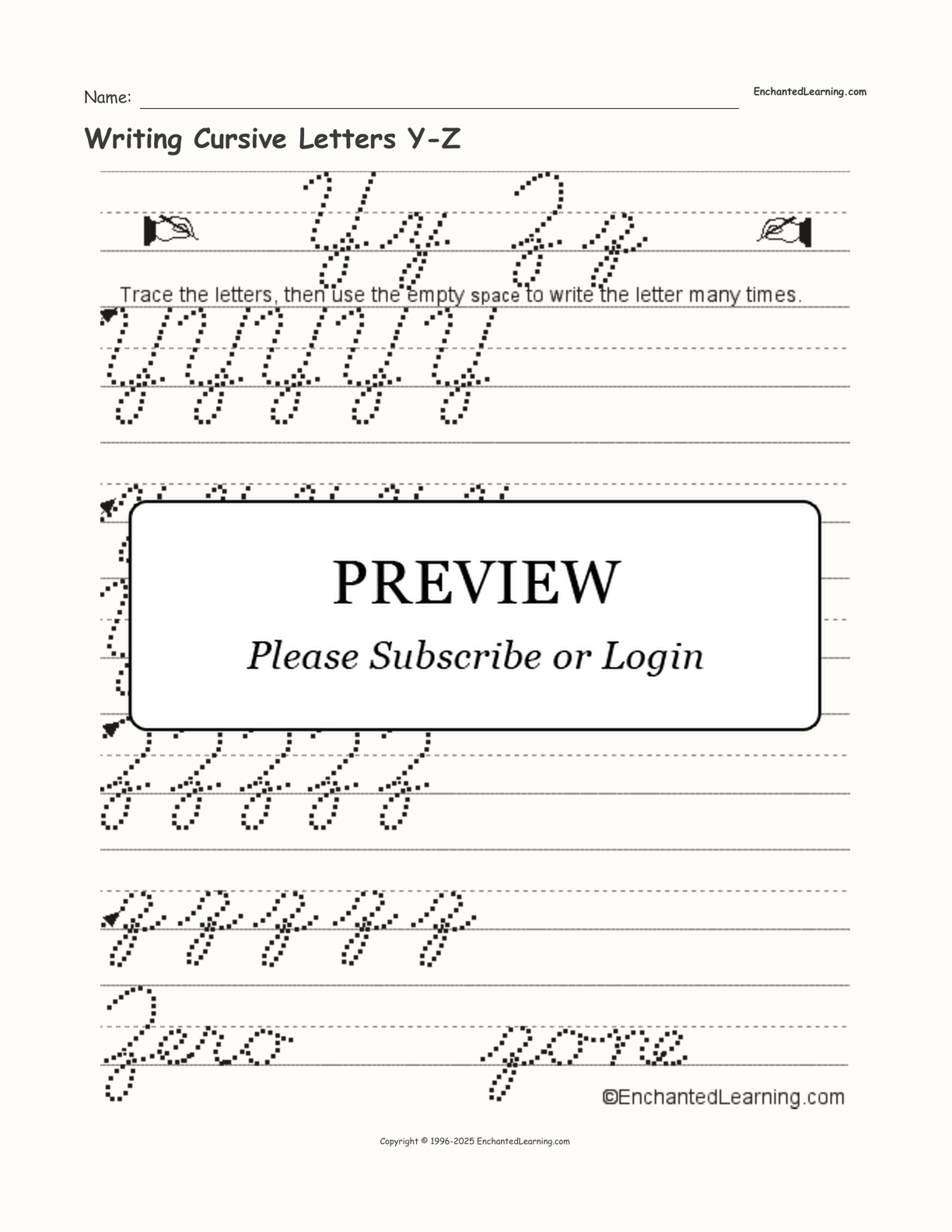 Writing Cursive Letters Y-Z interactive printout page 1