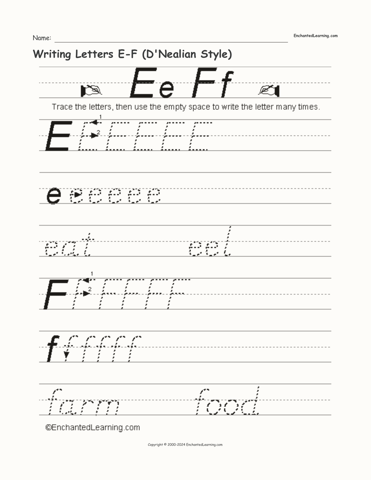 Writing Letters E-F (D'Nealian Style) interactive worksheet page 1