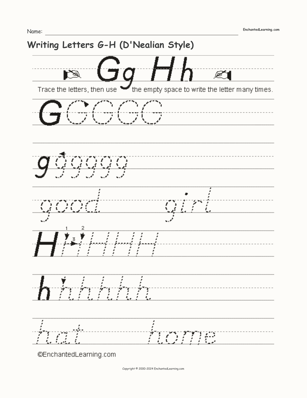 Writing Letters G-H (D'Nealian Style) interactive worksheet page 1