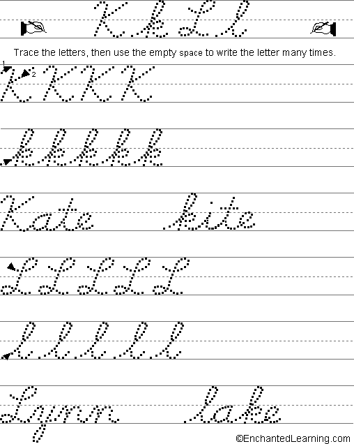 Writing Cursive Letters K-L: EnchantedLearning.com