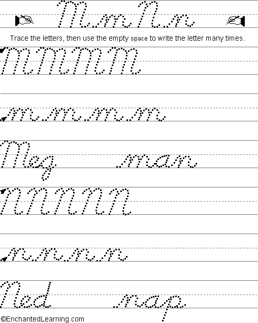 Writing Cursive Letters M-N: EnchantedLearning.com