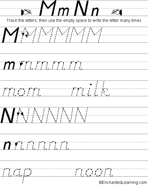 Writing letters, M-N (D'Nealian Style): EnchantedLearning.com