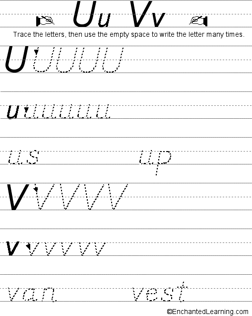 Writing letters, U-V (D'Nealian Style): EnchantedLearning.com