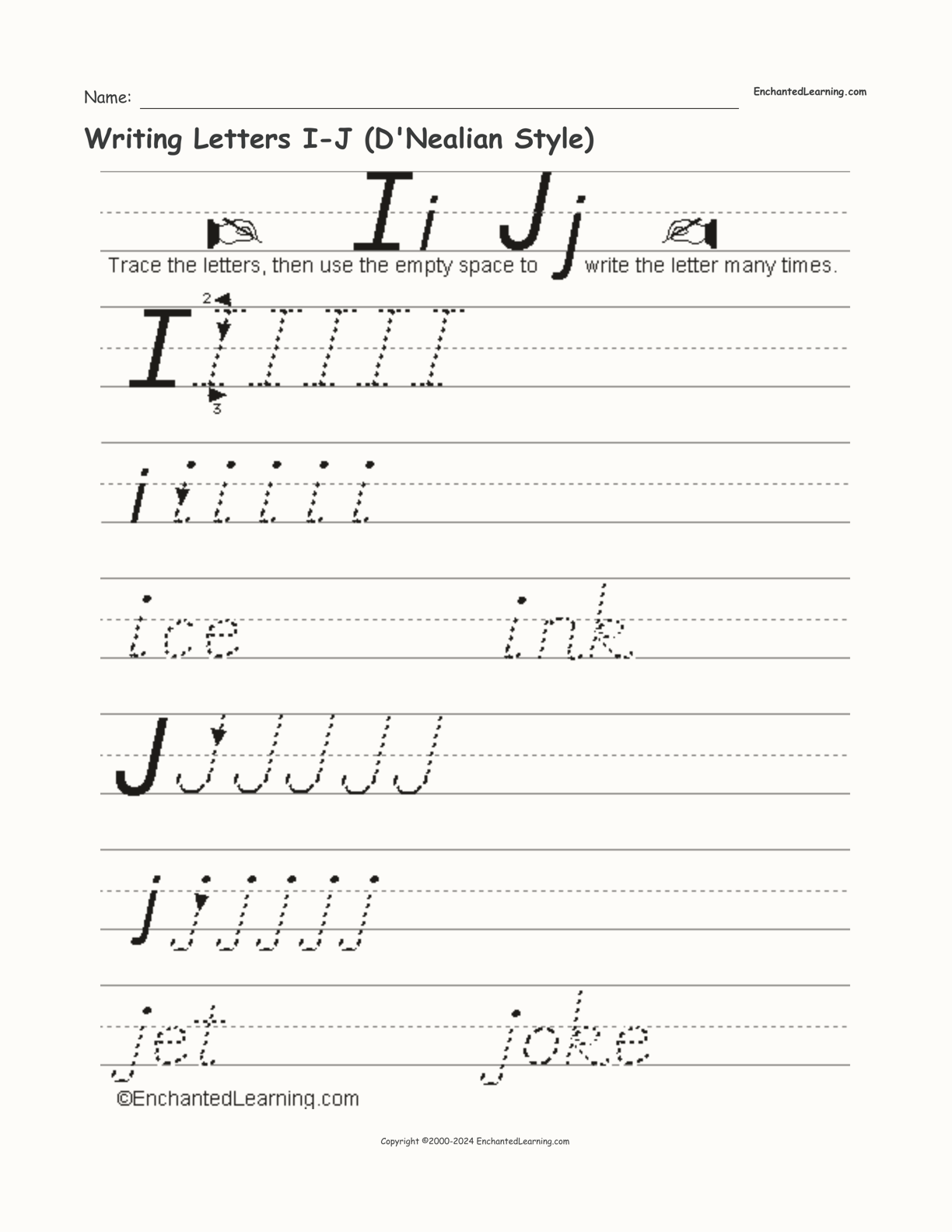 Writing Letters I-J (D'Nealian Style) interactive worksheet page 1