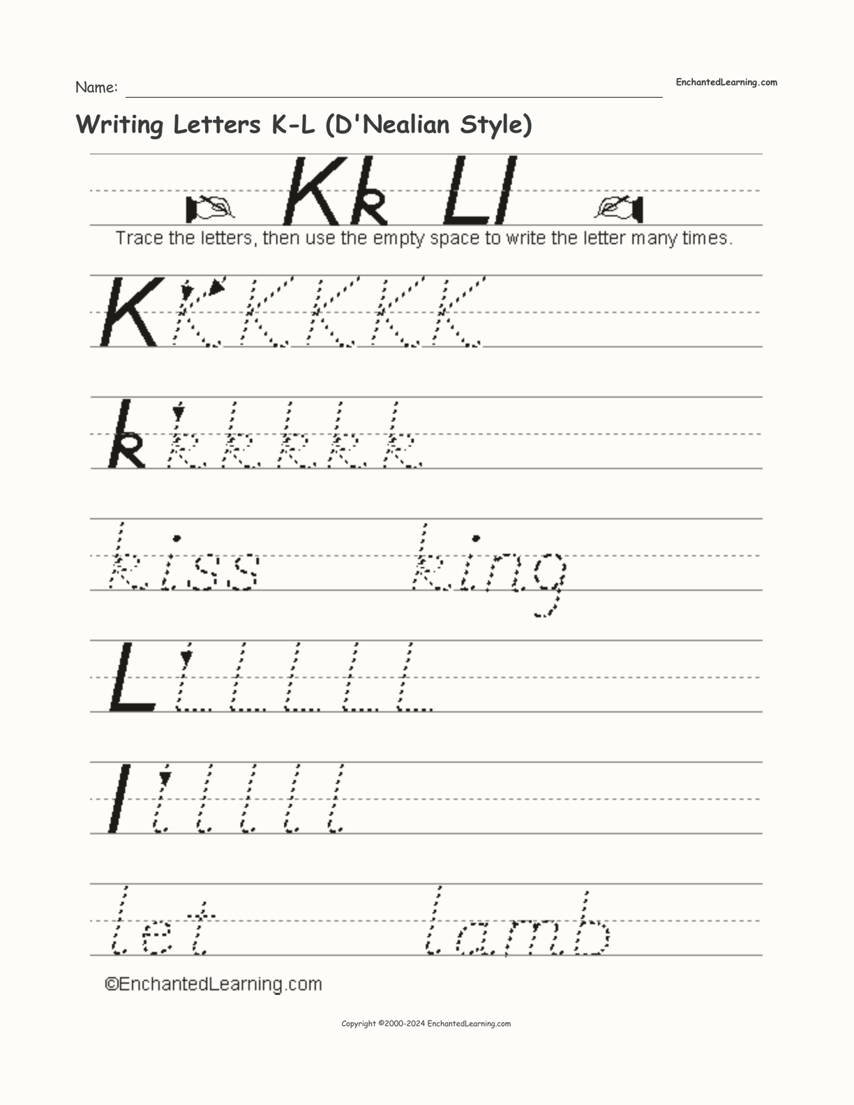 Writing Letters K-L (D'Nealian Style) interactive worksheet page 1
