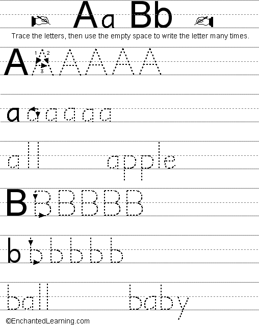 Writing letters, A-B (Traditional Style): EnchantedLearning.com